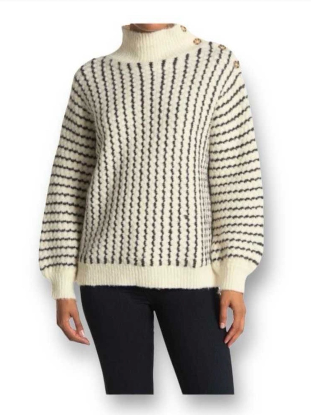 Striped Cowl & Turtleneck Sweater - Cream with Black Stripes
